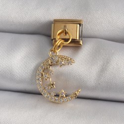 316L Çelik Gold Renk Sallantı Zirkon Taşlı Hilal Model Nomination Charm