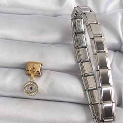316L Çelik Gold Renk Sallantı Zirkon Taşlı Göz Model Nomination Charm