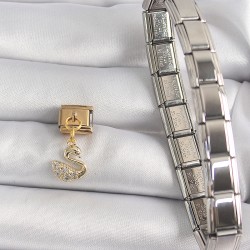316L Çelik Gold Renk Sallantı Zirkon Taşlı Kuğu Model Nomination Charm