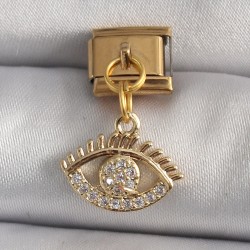 316L Çelik Gold Renk Sallantı Zirkon Taşlı Göz Model Nomination Charm