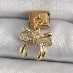 316L Çelik Gold Renk Sallantı Zirkon Taşlı Fiyonk Model Nomination Charm