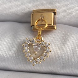 316L Çelik Gold Renk Sallantı Zirkon Taşlı Kalp Model Nomination Charm
