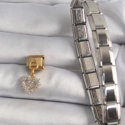316L Çelik Gold Renk Sallantı Zirkon Taşlı Kalp Model Nomination Charm