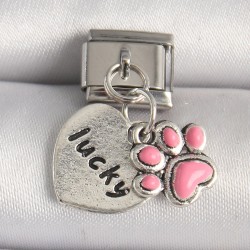 316L Çelik Gümüş Renk Pembe Pati 'lucky' İşlemeli Kalp Model Nomination Charm