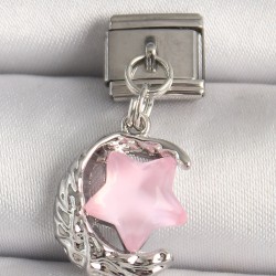 316L Çelik Gümüş Renk Hilal Pembe Mineli Yıldız Model Nomination Charm