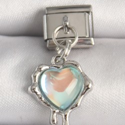 316L Çelik Gümüş Renk Mavi Hologram Mineli Eriyen Kalp Model Nomination Charm