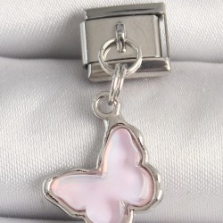 316L Çelik Gümüş Renk Pembe Kelebek Model Nomination Charm