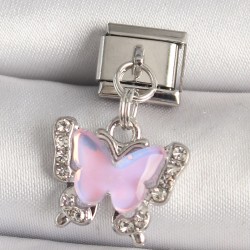316L Çelik Gümüş Renk Zirkon Taşlı Pembe Kelebek Model Nomination Charm
