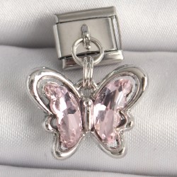 316L Çelik Gümüş Renk Pembe Zirkon Taşlı Kelebek Model Nomination Charm