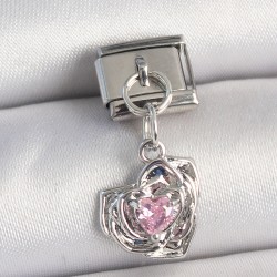 316L Çelik Gümüş Renk Pembe Zirkon Taşlı Kalpli Gül Model Nomination Charm