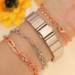 Gümüş Rose Geçişli Metal Kordonlu Taşlı Kasa Tasarımlı Saat ve Bileklik Seti