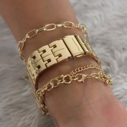 Clariss Gold Renk Metal Kordon Kadın Saat ve Bileklik Kombini
