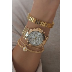 Gold Renk Metal Kordon Beyaz Kadran Kadın Saat ve Bileklik Kombini