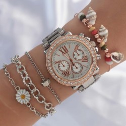 Roma Rakamlı Gümüş Renk Zirkon Taşlı Rose Kasa Kadın Saat ve Bileklik Kombini