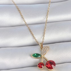 316L Çelik Gold Renk Kırmızı Zirkon Taşlı Kiraz Model Kadın Kolye
