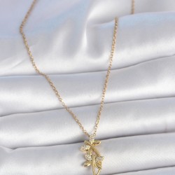 316L Çelik Gold Renk Zincir Zirkon Taşlı Yusufçuk Model Kadın Kolye
