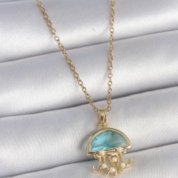 316L Çelik Gold Renk Mavi Taşlı Deniz Anası Model İnci Detay Kadın Kolye