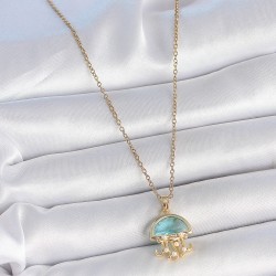 316L Çelik Gold Renk Mavi Taşlı Deniz Anası Model İnci Detay Kadın Kolye