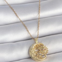 316L Çelik Gold Renk Zincir Ay Güneş Model Zirkon Taş Detaylı Kadın Kolye