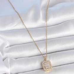 316L Çelik Gold Renk Zincir Kare Zirkon Taş Model Kadın Kolye
