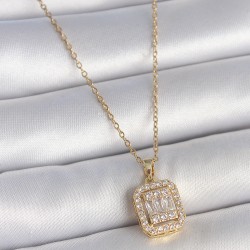 316L Çelik Gold Renk Zincir Kare Zirkon Taş Model Kadın Kolye