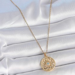 316L Çelik Gold Renk Zincr Mavi Taşlı Lotus Model Kadın Kolye