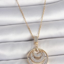 316L Çelik Gold Renk Zirkon Taşlı Madalyon Model Kadın Kolye
