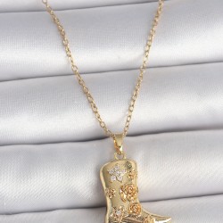 316L Çelik Gold Renk Zirkon Taşlı İşleme Detaylı Çizme Model Kadın Kolye