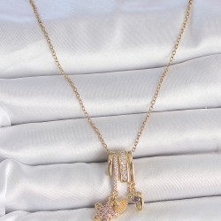 316L Çelik Gold Renk Sallantı Zirkon Taşlı Mor Ayıcık Figür Charm Kadın Kolye