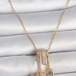 316L Çelik Gold Renk Sallantı Zirkon Taşlı Mor Ayıcık Figür Charm Kadın Kolye