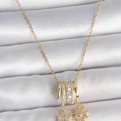 316L Çelik Gold Renk Sallantı Zirkon Taşlı Yıldız Güneş Figür Charm Kadın Kolye