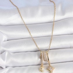 316L Çelik Gold Renk Zirkon Taşlı Sallantı Ay Yıldız Figür Charm Kadın Kolye