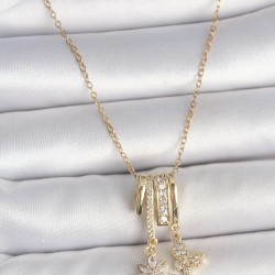 316L Çelik Gold Renk Sallantı Zirkon Taşlı Çiçek Kelebek Figür Charm Kadın Kolye
