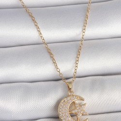 316L Çelik Gold Renk Zincir Zirkon Taşlı Ay Yıldız Model Kadın Kolye