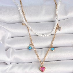 316L Çelik Gold Renk 2'Li İnci Zincir Model Pembe Taşlı Kalp Figür Nazar Boncuk Detay Kadın Kolye