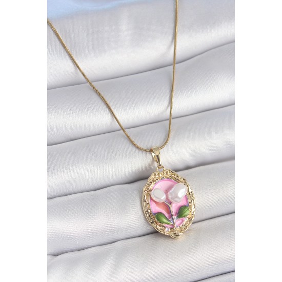 316L Çelik Gold Renk Zincir Pembe Mineli İncili Çiçek İşlemeli Portre Model Kadın Kolye 316L Çelik Gold Renk Zincir Pembe Mineli İncili Çiçek İşlemeli Portre Model Kadın Kolye