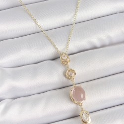 316L Çelik Gold Renk Zincir Zirkon Taşlı Pembe Mineli Y Model Dekolta Kadın Kolye