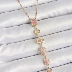 316L Çelik Gold Renk Zincir Pembe Zirkon Taşlı Y Model Dekolte Kadın Kolye