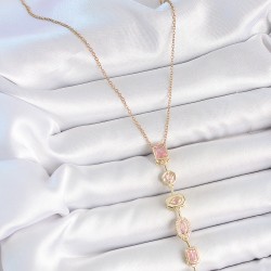 316L Çelik Gold Renk Zincir Pembe Zirkon Taşlı Y Model Dekolte Kadın Kolye