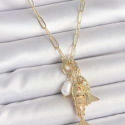 İnci Detaylı Zirkon Taşlı Çiftli Balık Figürlü Gold Renk Pirinç Kolye