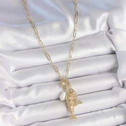 İnci Detaylı Zirkon Taşlı Çiftli Balık Figürlü Gold Renk Pirinç Kolye