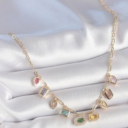 Sıralı Karışık Renk Zirkon Taşlı Gold Pirinç Kolye