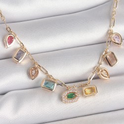 Sıralı Karışık Renk Zirkon Taşlı Gold Pirinç Kolye