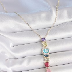 Gold Karışık Renk Zirkon Taşlı Y Pirinç Kolye