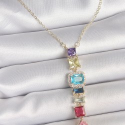Gold Karışık Renk Zirkon Taşlı Y Pirinç Kolye