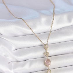 316L Çelik Zincir Gold Renk Pembe Zirkon Taşlı Y Kolye