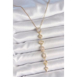 316L Çelik Zincir Gold Renk Zirkon Taşlı Y Kolye