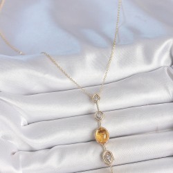 Pirinç Zincir Kehribar Sarı Gold Renk Zirkon Taşlı Y Kolye