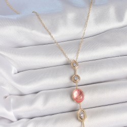 Pirinç Zincir Pembe Gold Renk Zirkon Taşlı Y Kolye