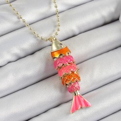 Pirinç Pembe Ve Turuncu Balık Model Zirkon Taşlı Gold Renk Kadın Kolye
